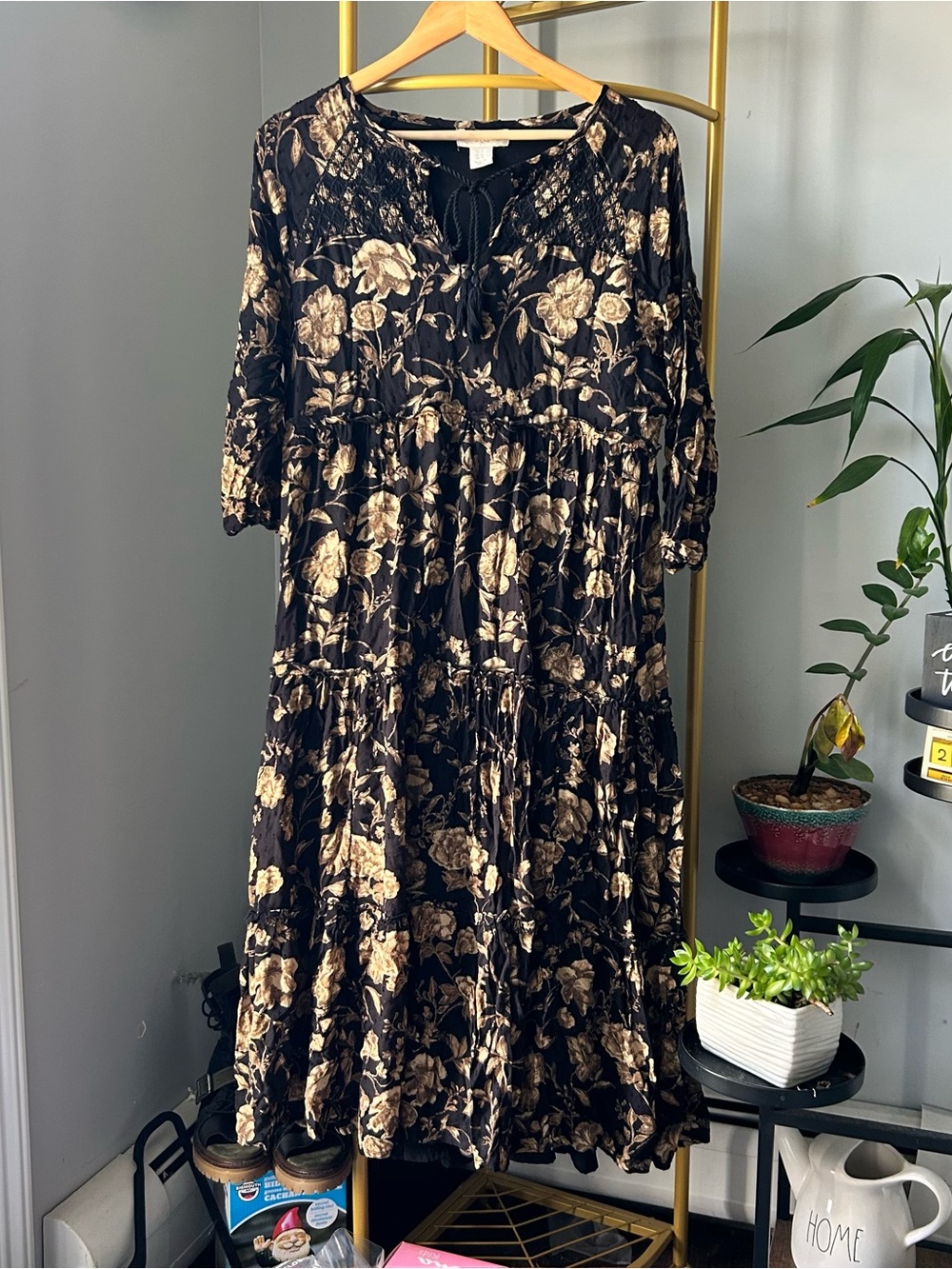 Cynthia Rowley Tiered Boho Floral Midi Dress Swiss Dots Tie Neck Cottagecore 10